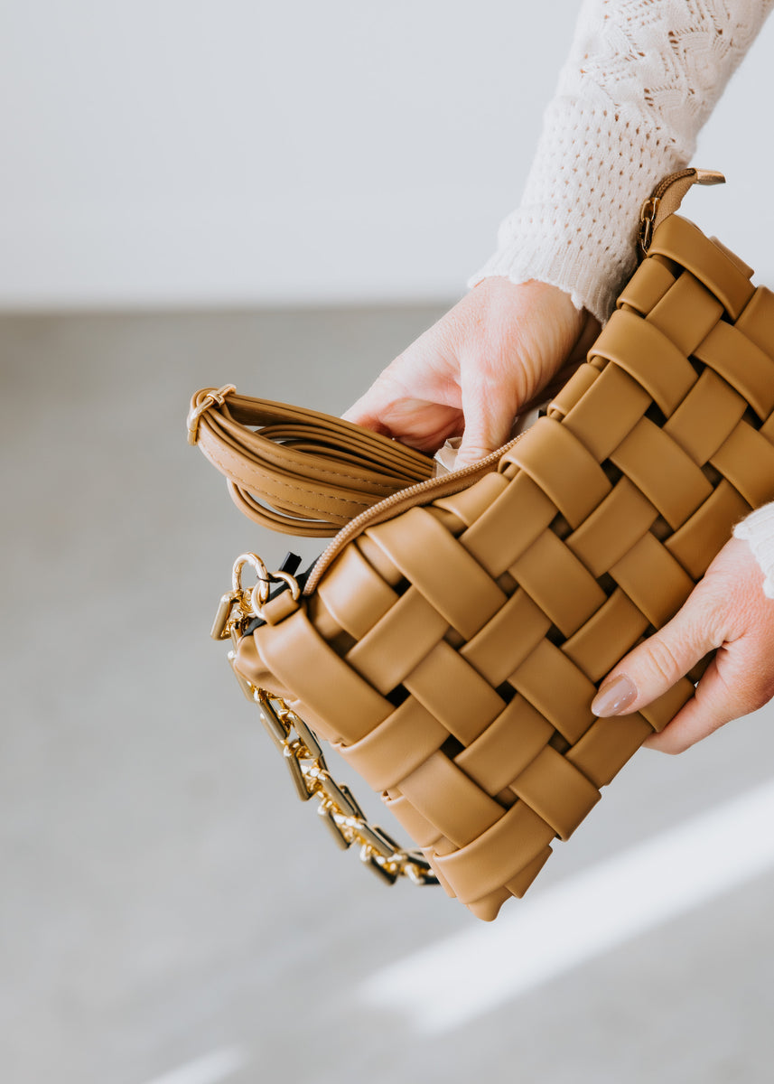 Leather Cross Woven Clutch Bag with Gold Chain