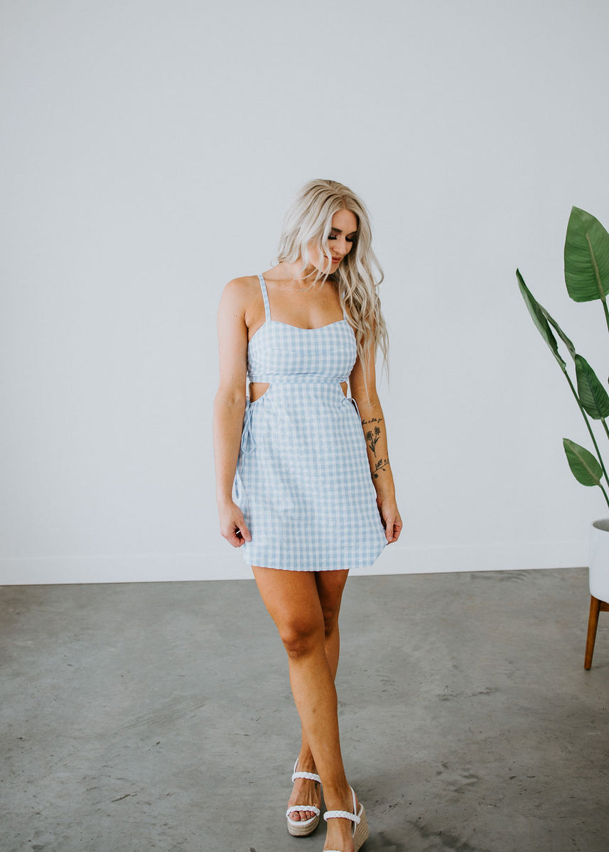 Empire Waist Mini Dress in Purple Gingham