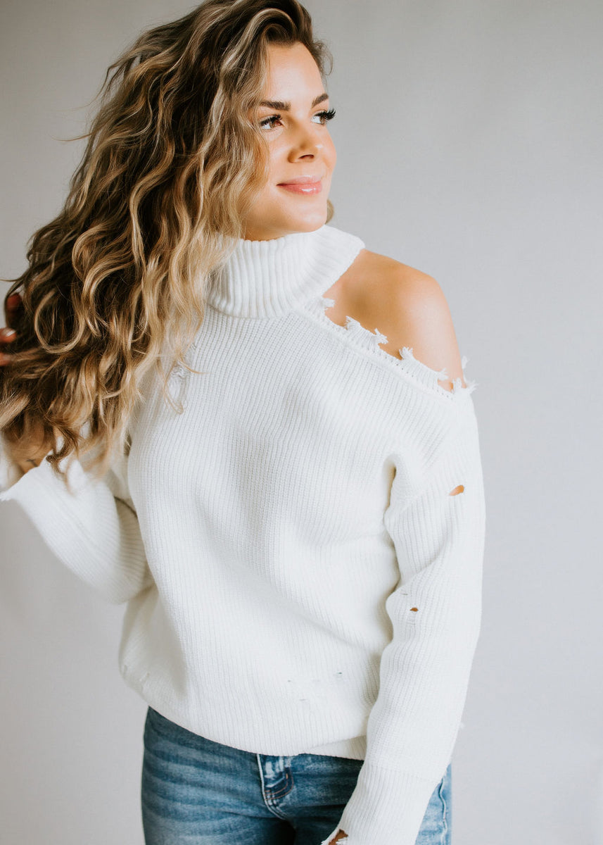 White cold cheap shoulder sweater