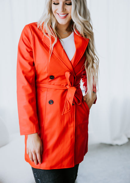 Red Faux Leather Trench Coat