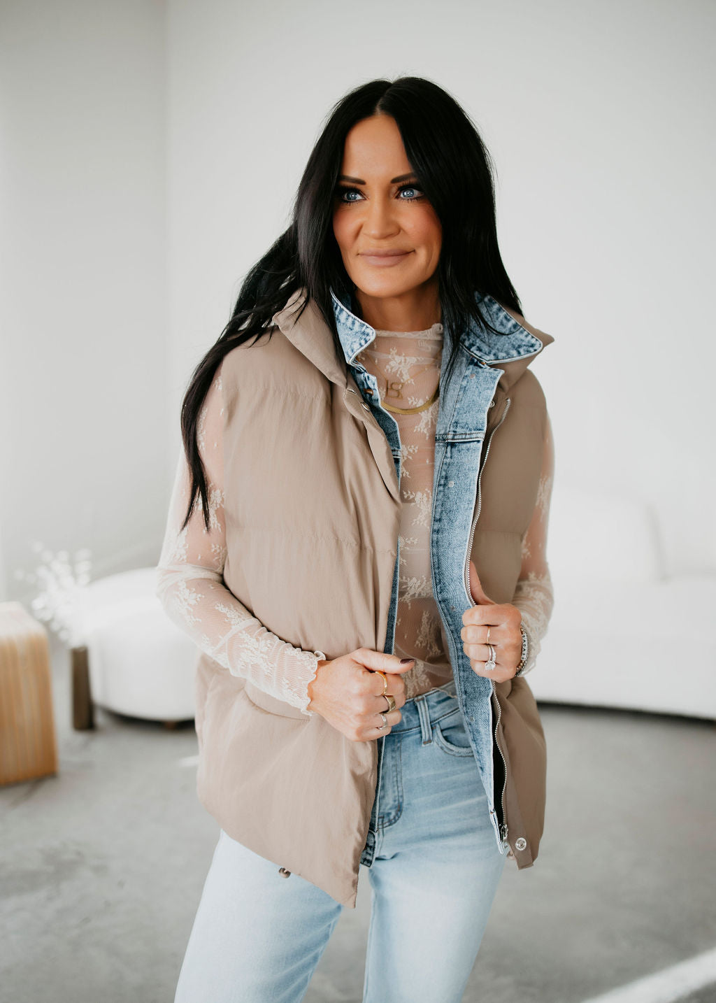 image of Jenna Denim Layered Puffer Vest