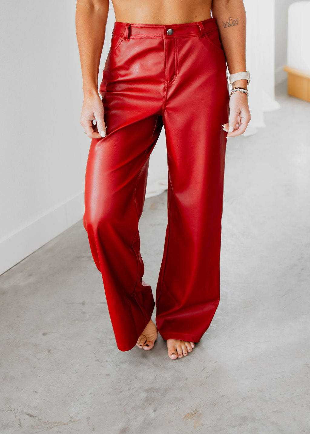 Cherry Faux Leather Straight Pants