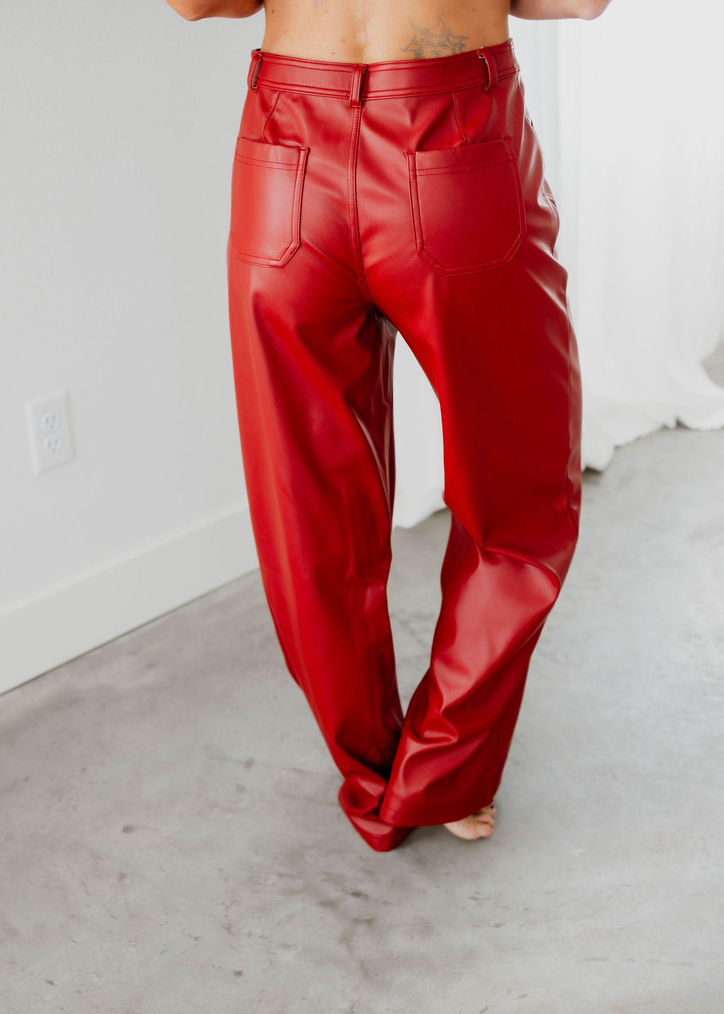 Cherry Faux Leather Straight Pants