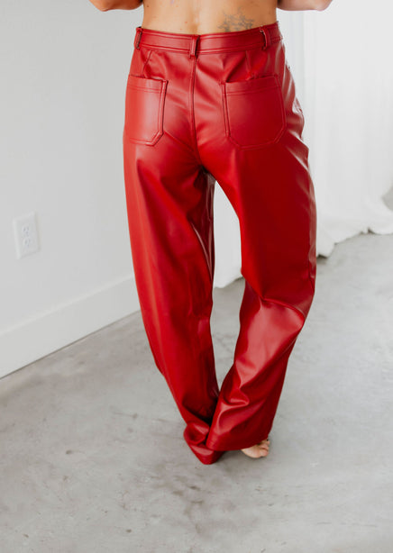 Cherry Faux Leather Straight Pants