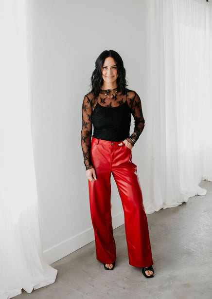 Cherry Faux Leather Straight Pants