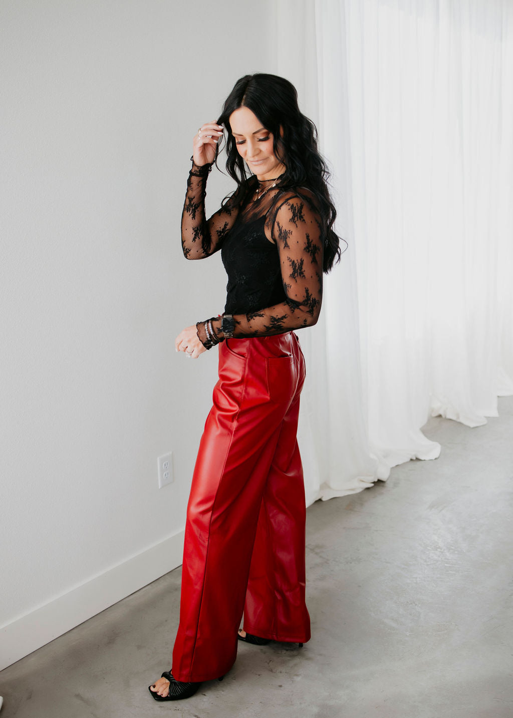 Cherry Faux Leather Straight Pants