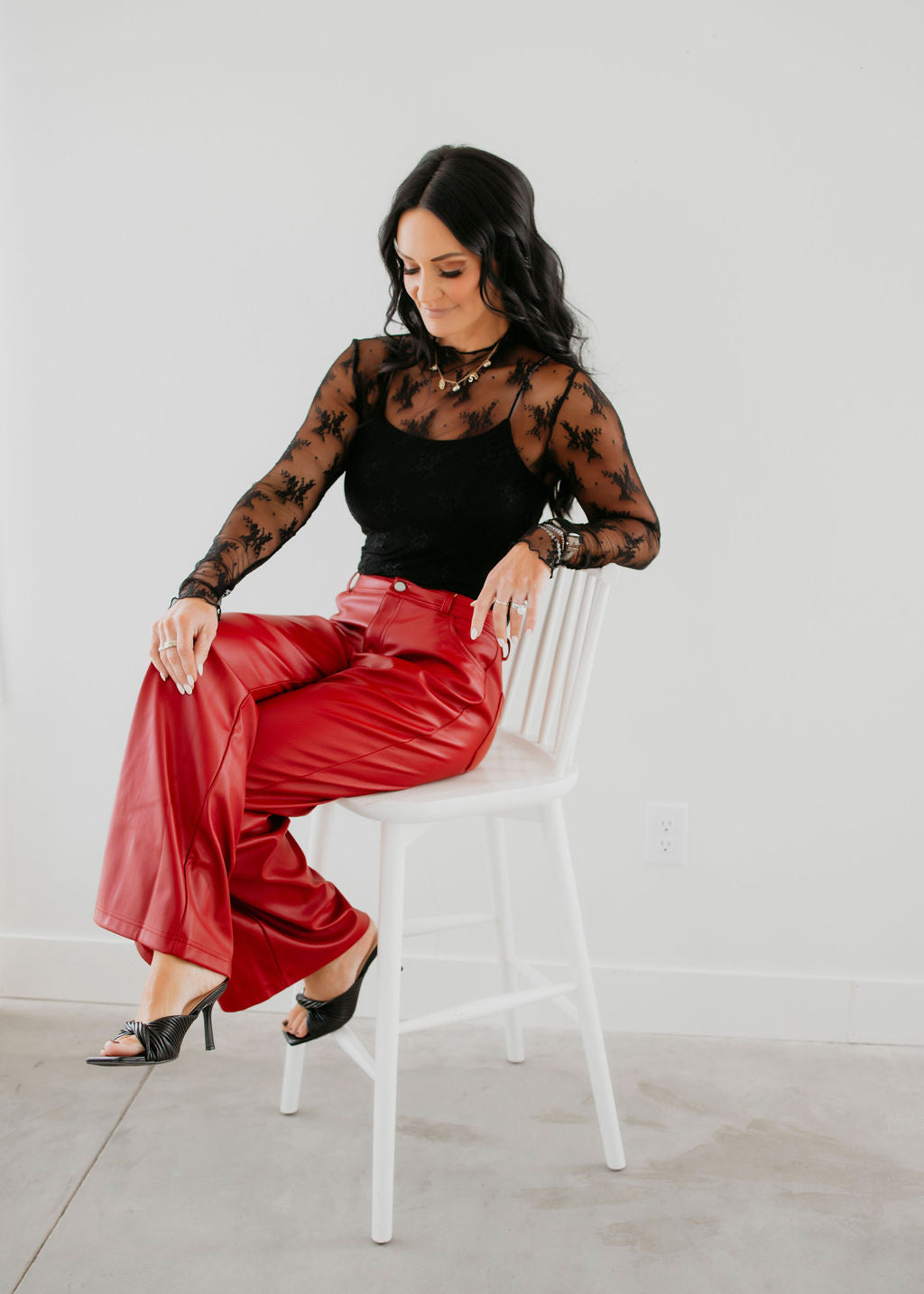 Cherry Faux Leather Straight Pants