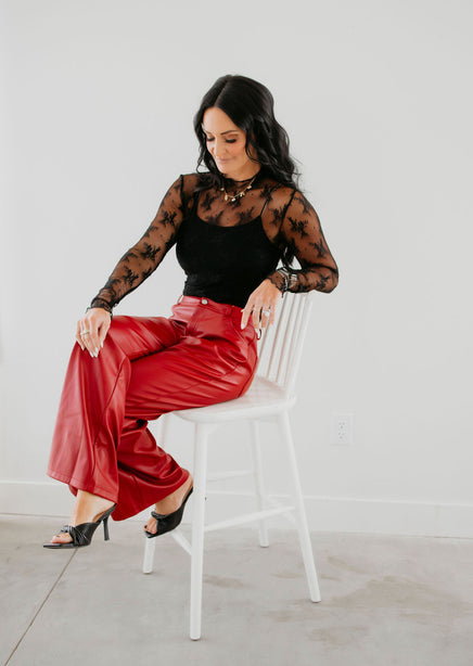 Cherry Faux Leather Straight Pants