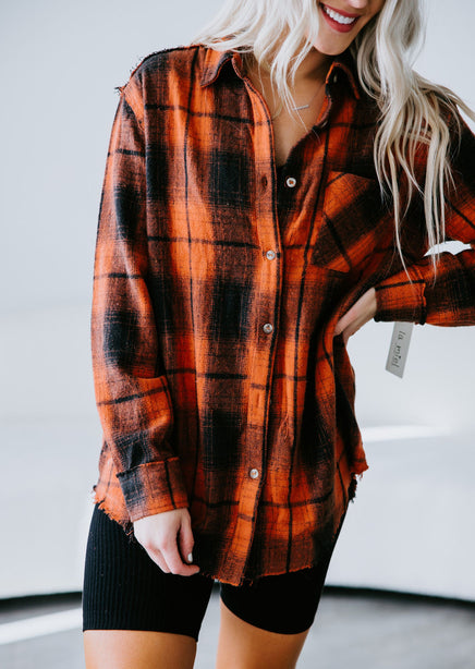 All on You Black & Burnt Orange Flannel Button Down Shacket Small
