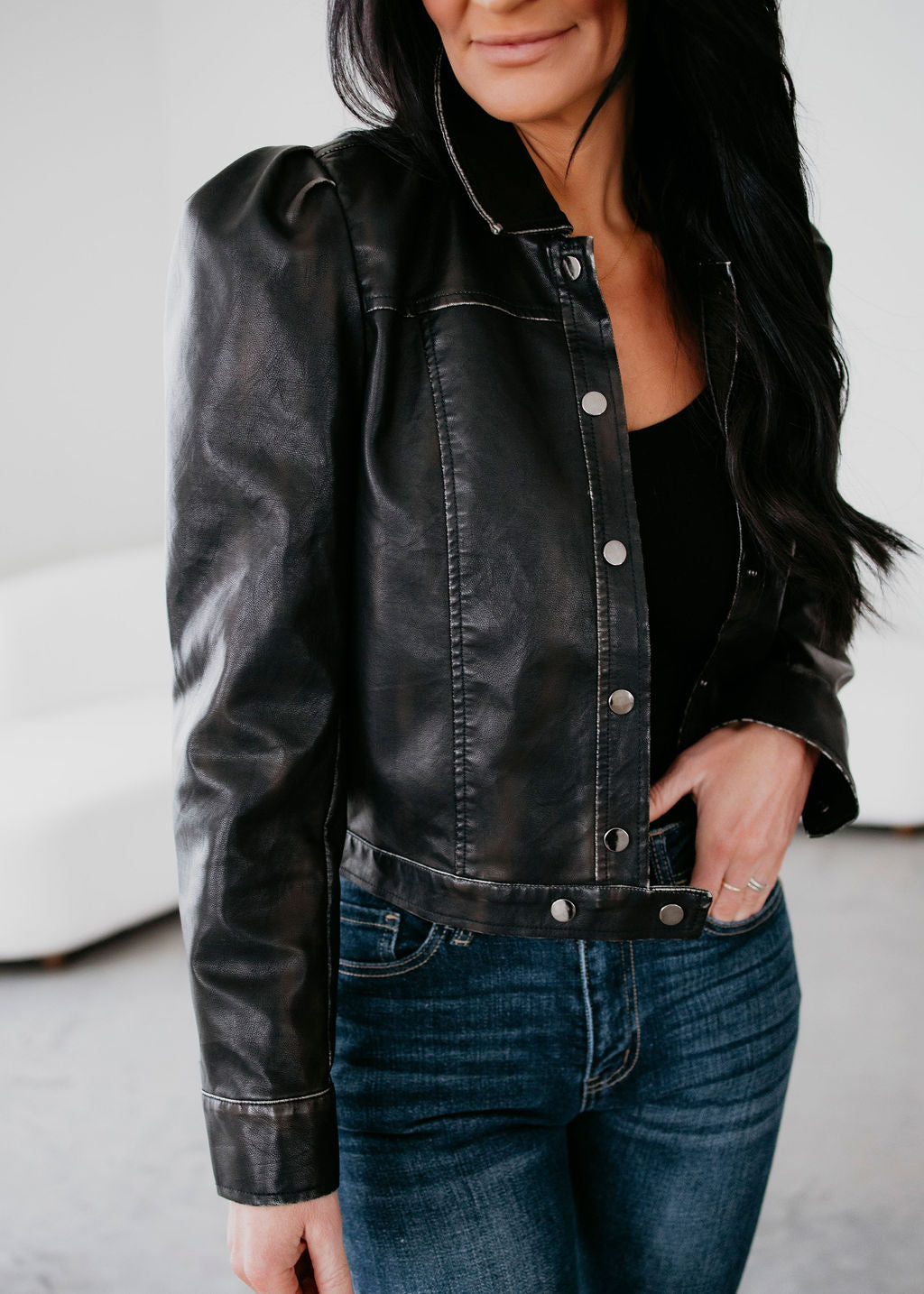 image of Rena Faux Leather Puff Sleeve Jacket