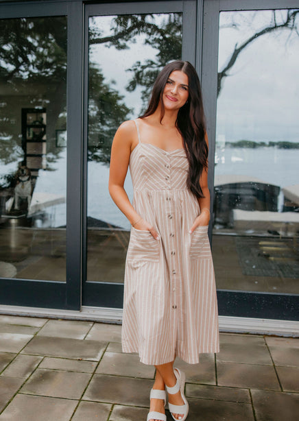 pinstripe linen dress Breaking Free Long Linen Dress White Blue Stripe / M