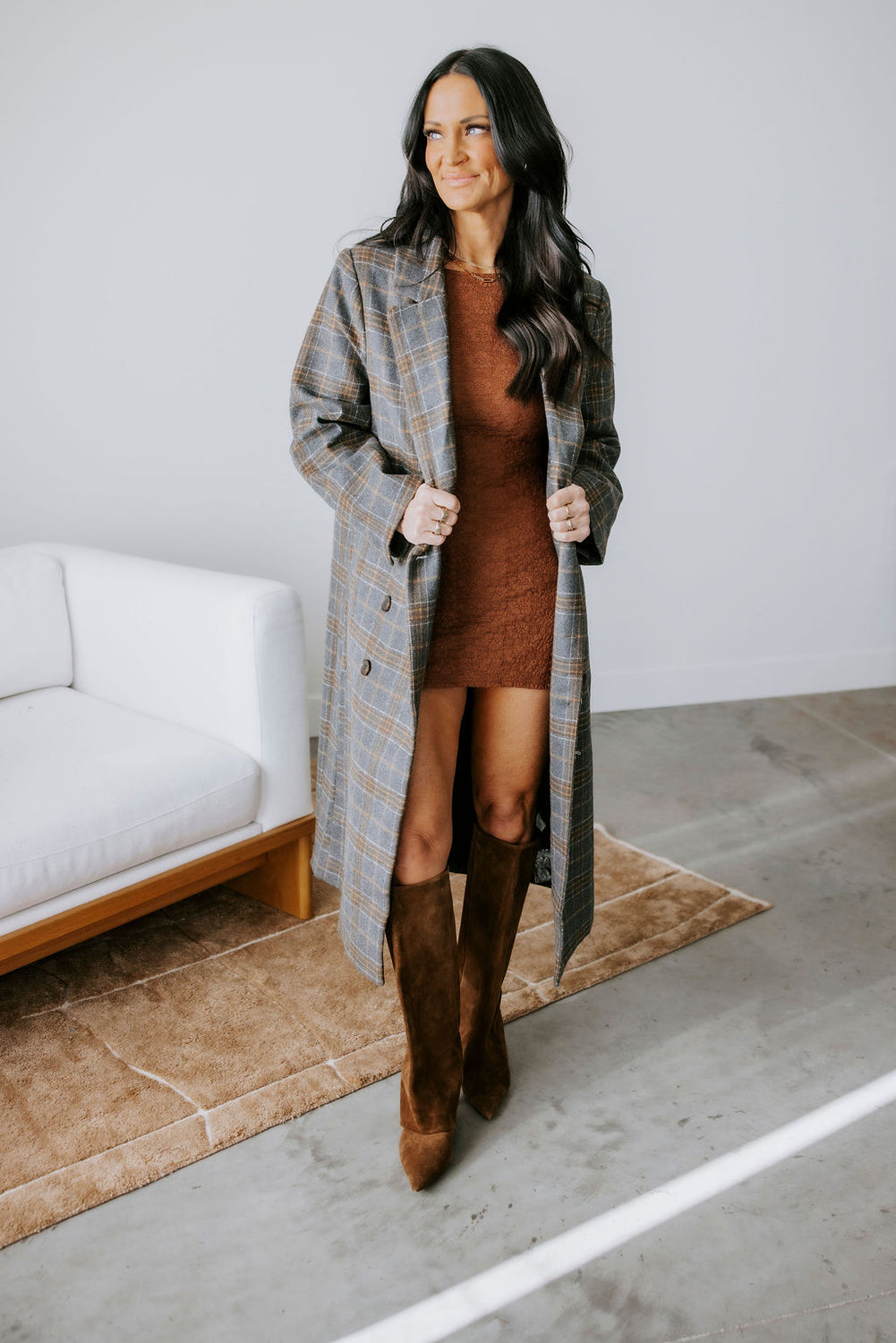 Alan Plaid Double Breasted Long Coat