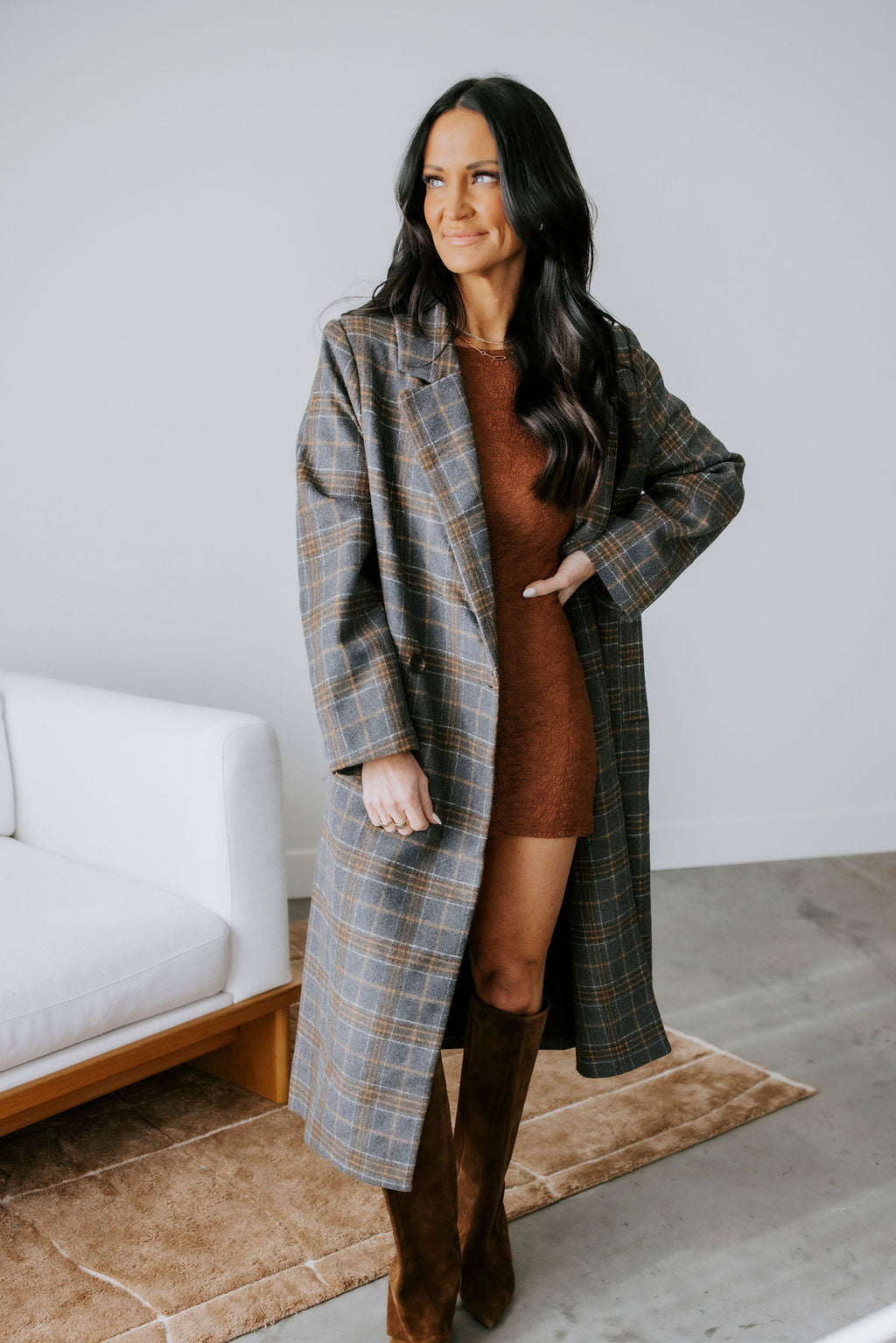 image of Alan Plaid Double Breasted Long Coat