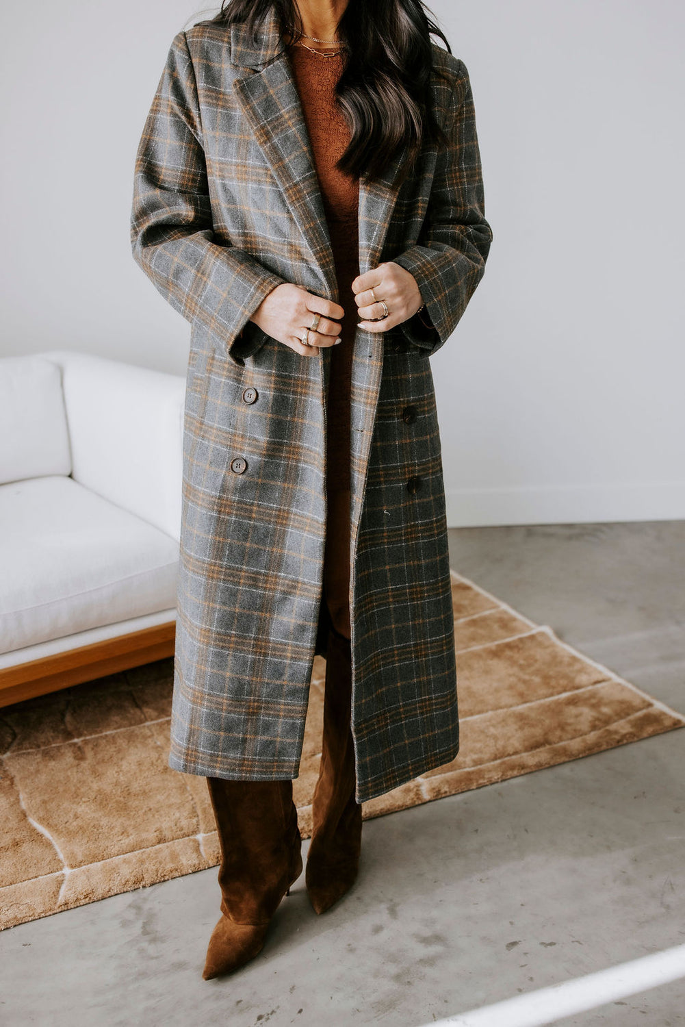 Alan Plaid Double Breasted Long Coat