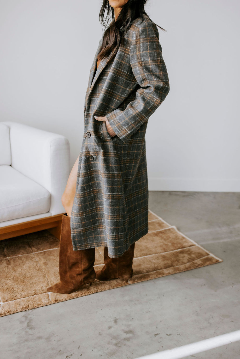 Alan Plaid Double Breasted Long Coat