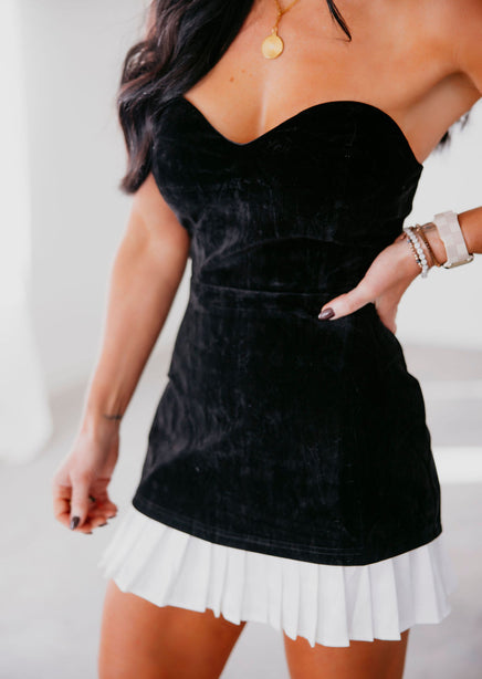 black velvet tube dress Black Velvet Strapless A-Line Midi Dress with Embellishments