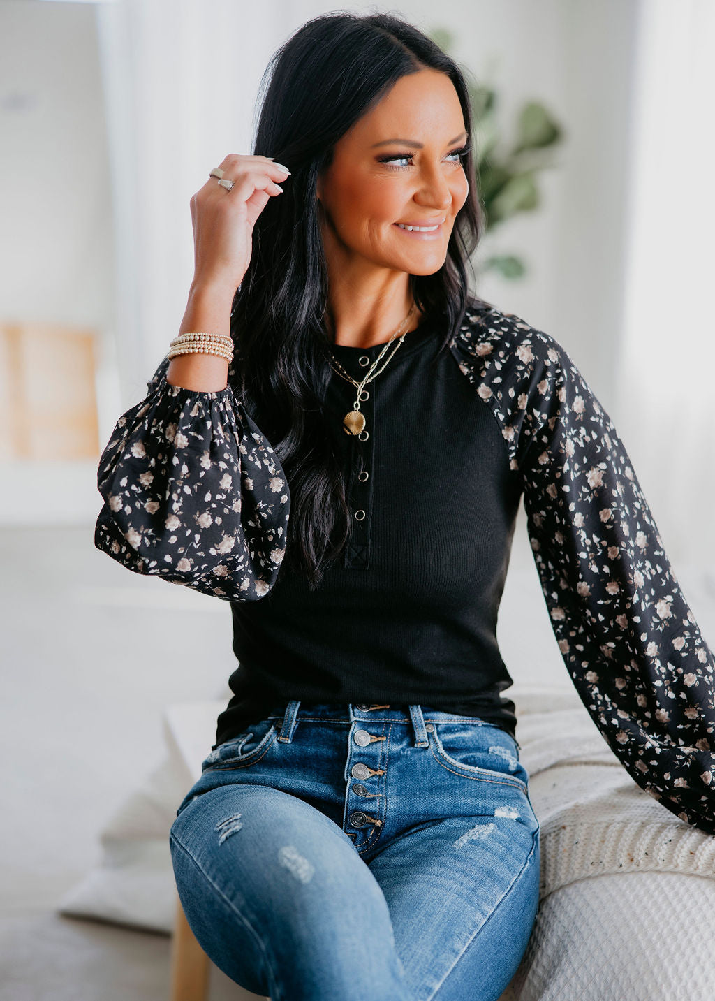 Emilee Floral Sleeve Henley Top
