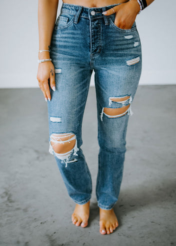 Tia Flying Monkey Distressed Straight Jeans