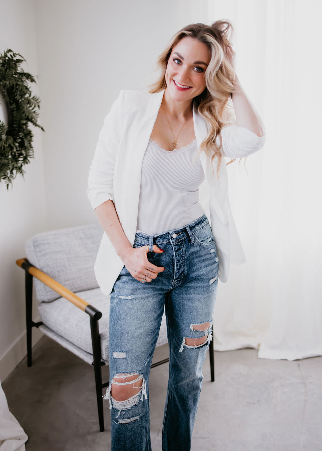 White ruched sleeve blazer sales