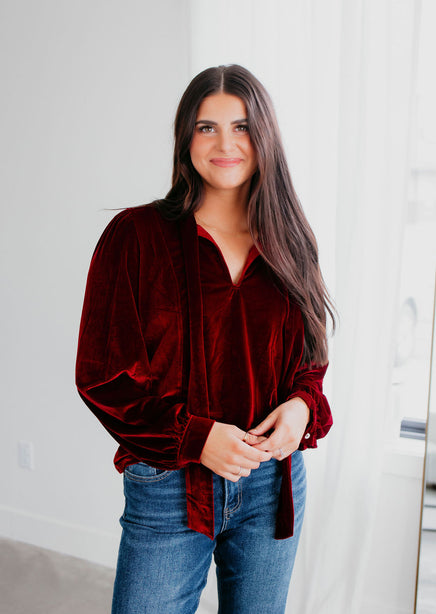 Drue Bow Tie Velvet Blouse