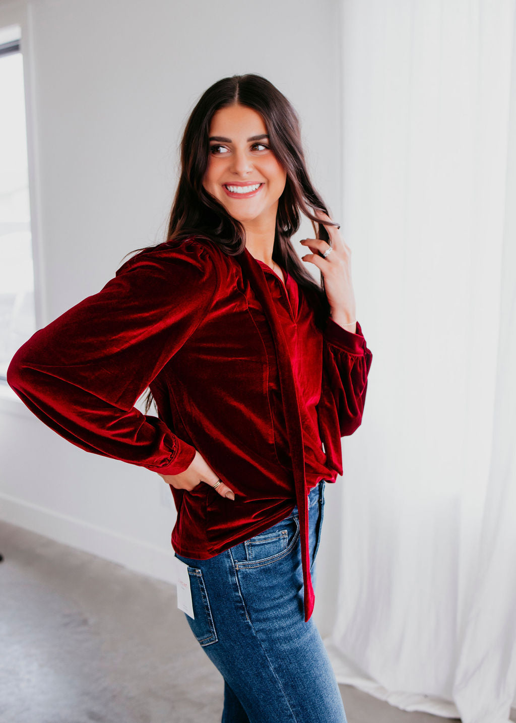 image of Drue Bow Tie Velvet Blouse