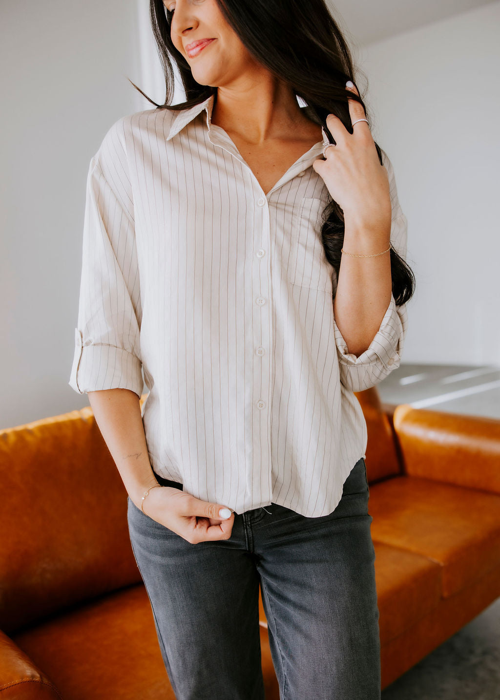Melina Pinstripe Button Down Top