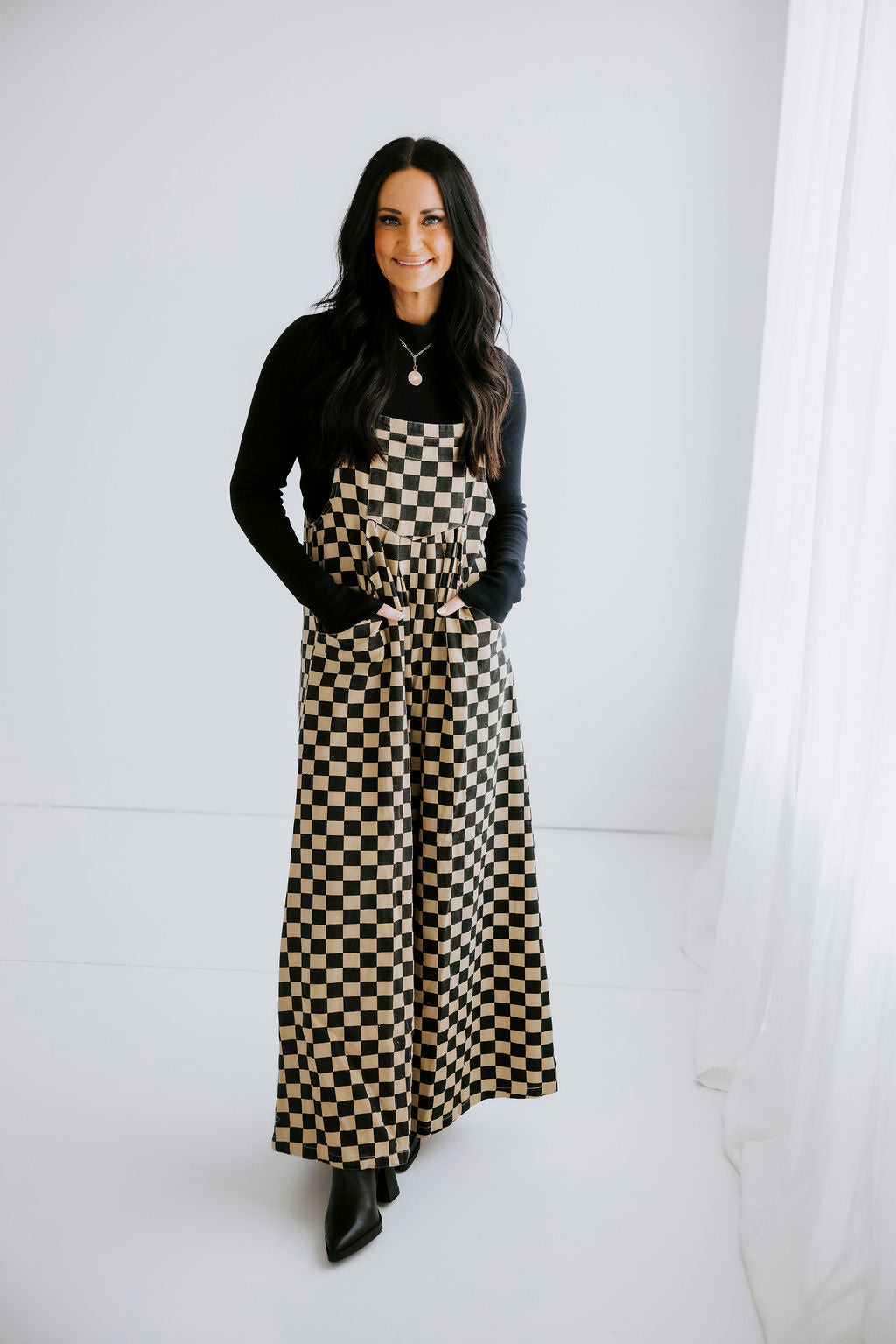 image of Ajay Checkered Wide Leg Overalls