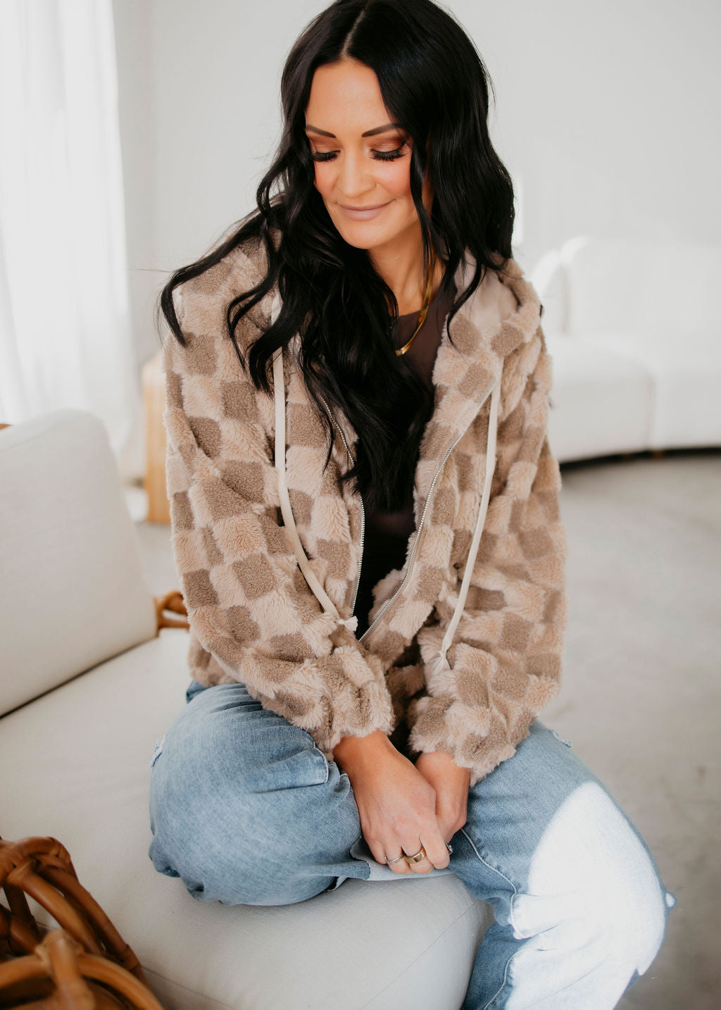 image of Izzie Checkered Sherpa Hoodie