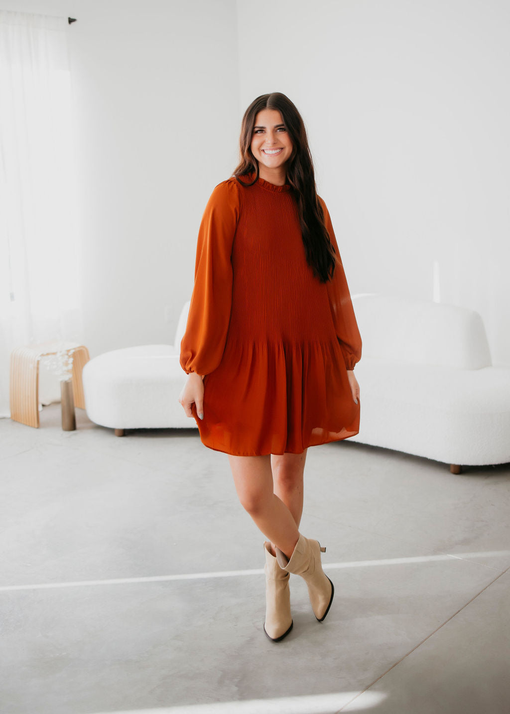 image of Willa Pleated Long Sleeve Dress