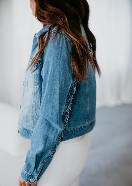 Denim jacket ruffle shoulder best sale