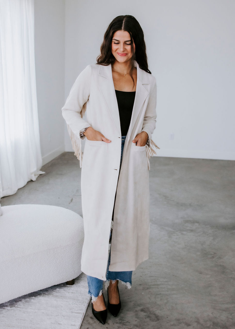 Corben Faux Suede Fringe Long Coat