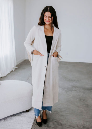 Corben Faux Suede Fringe Long Coat