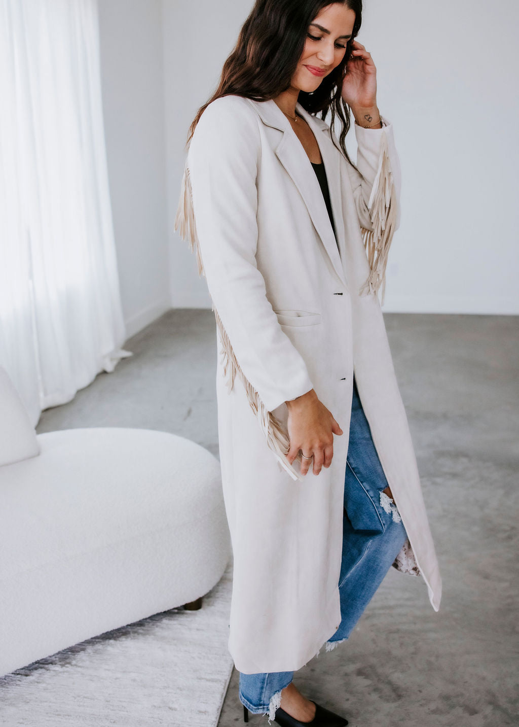 Corben Faux Suede Fringe Long Coat