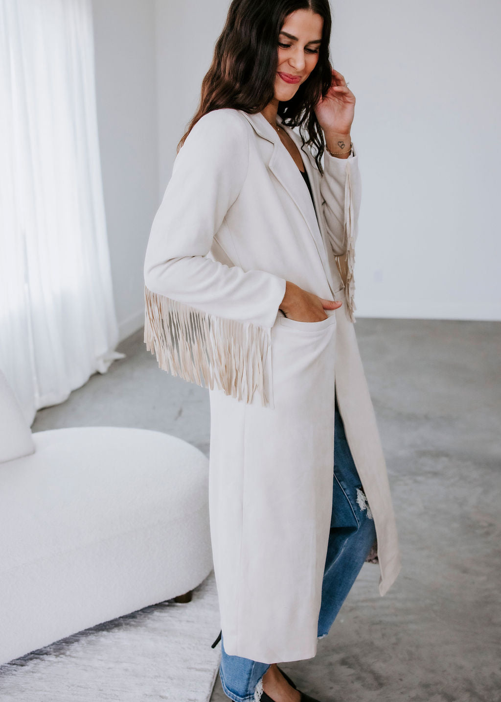 Corben Faux Suede Fringe Long Coat