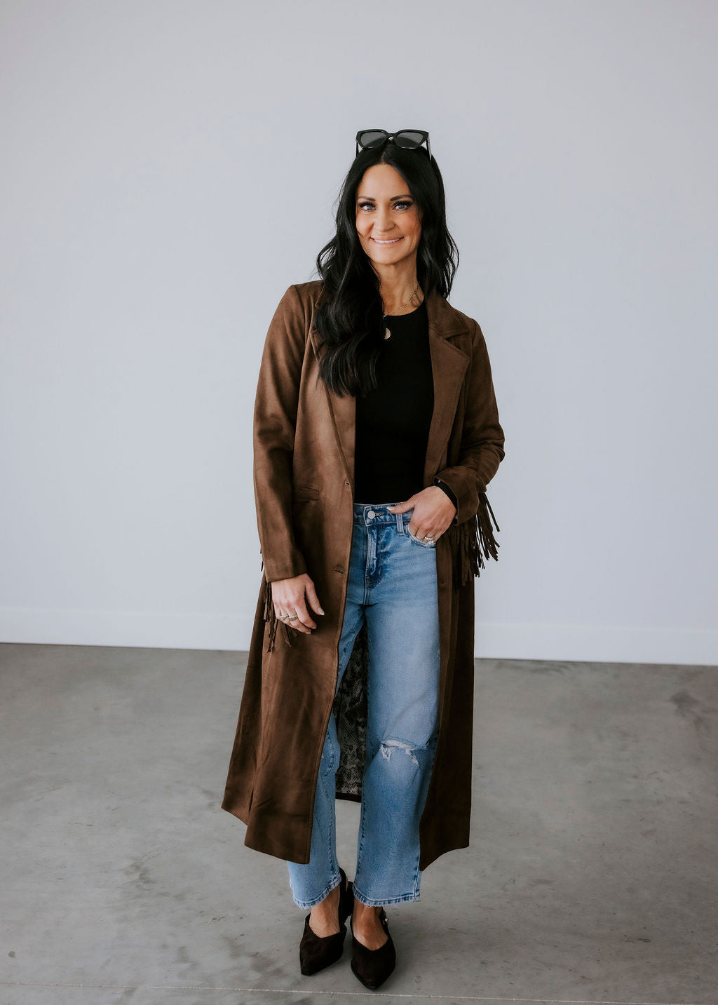 Corben Faux Suede Fringe Long Coat