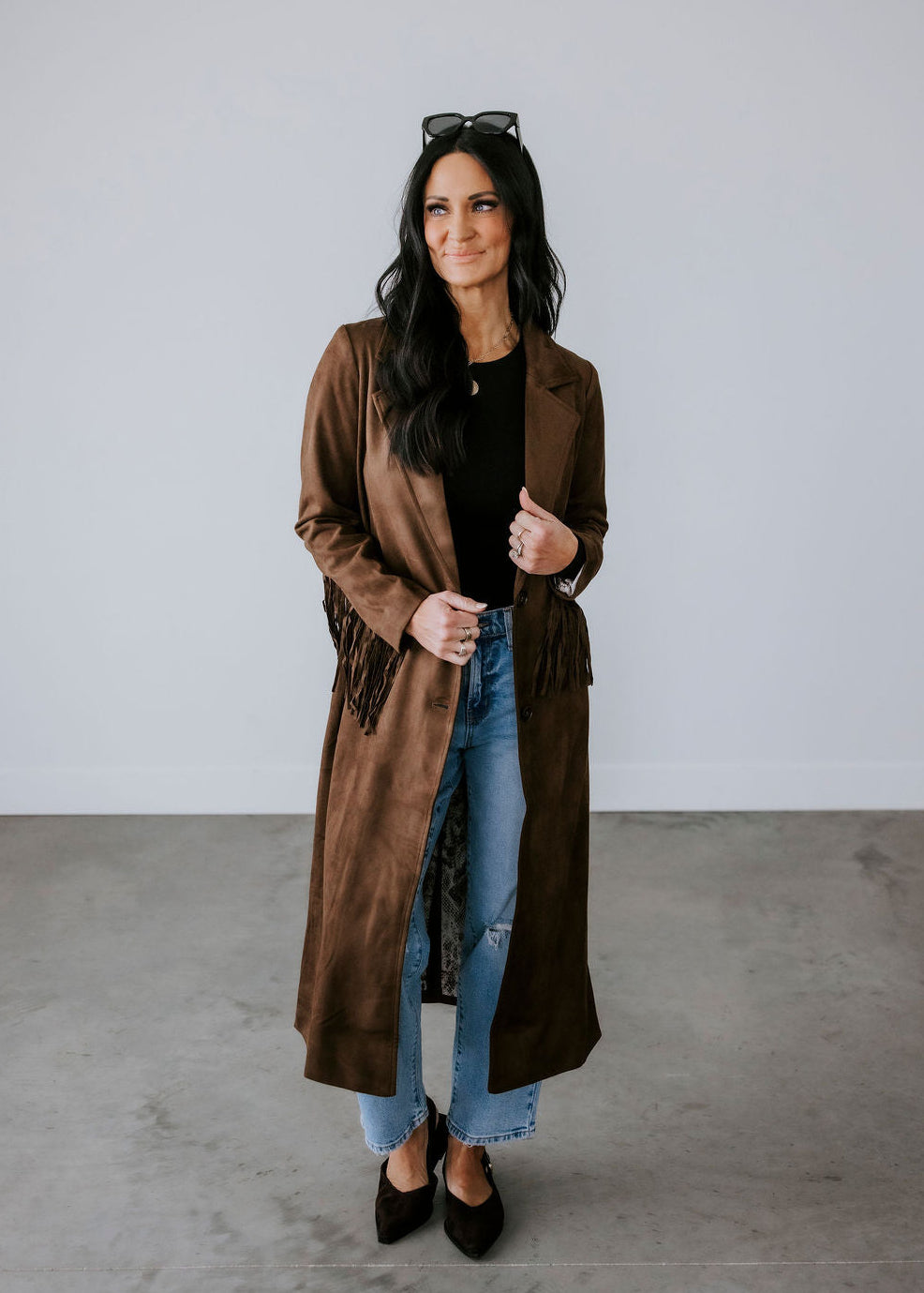 Corben Faux Suede Fringe Long Coat