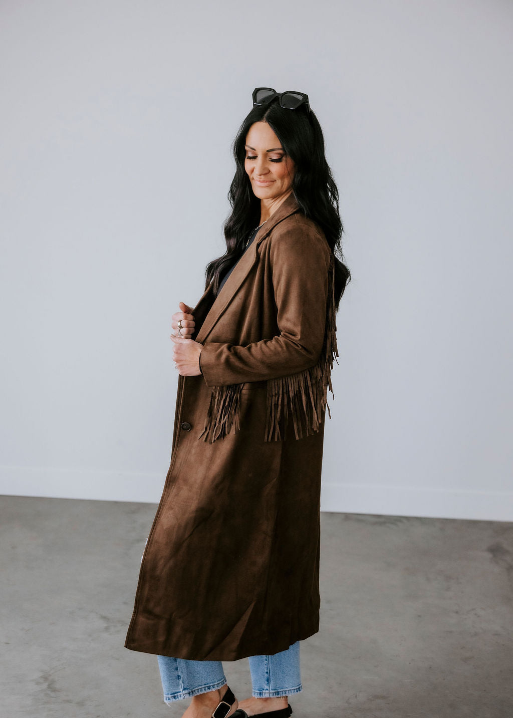 Corben Faux Suede Fringe Long Coat