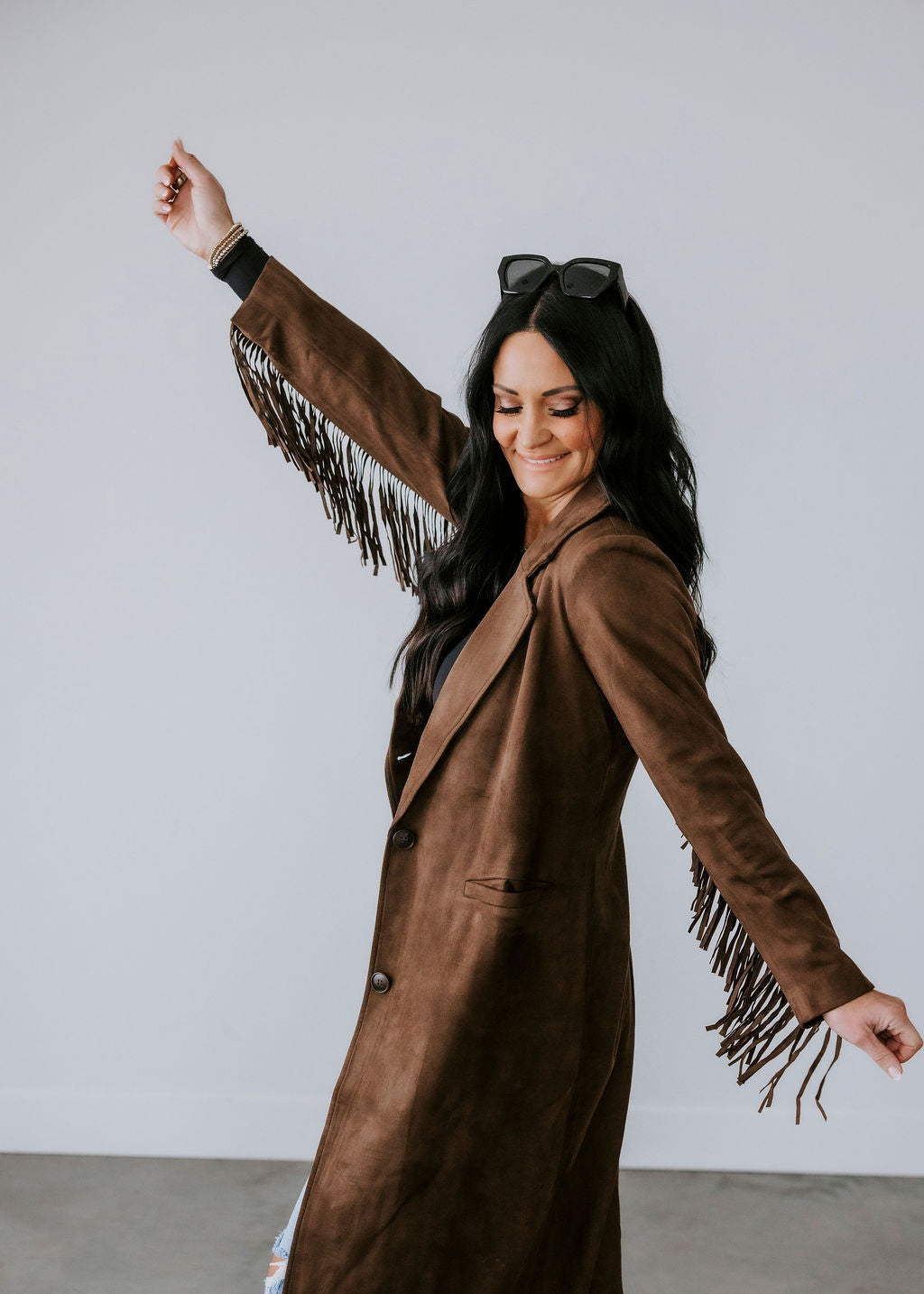 Corben Faux Suede Fringe Long Coat