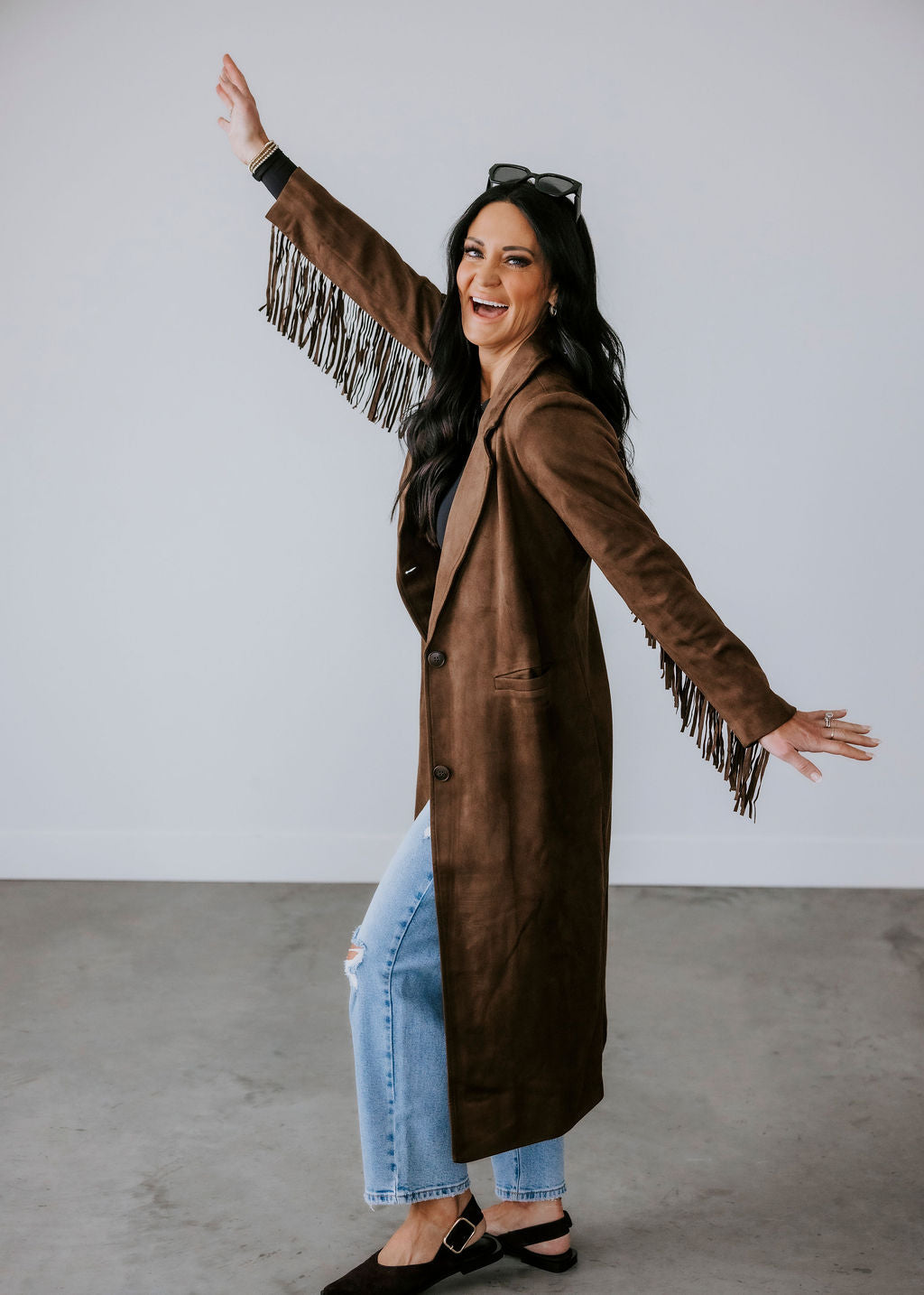 Corben Faux Suede Fringe Long Coat