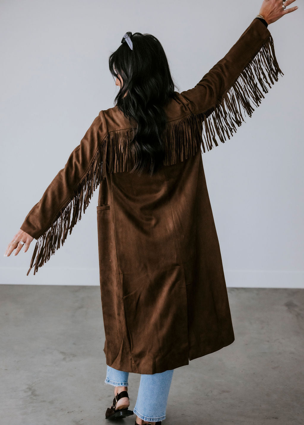 Corben Faux Suede Fringe Long Coat