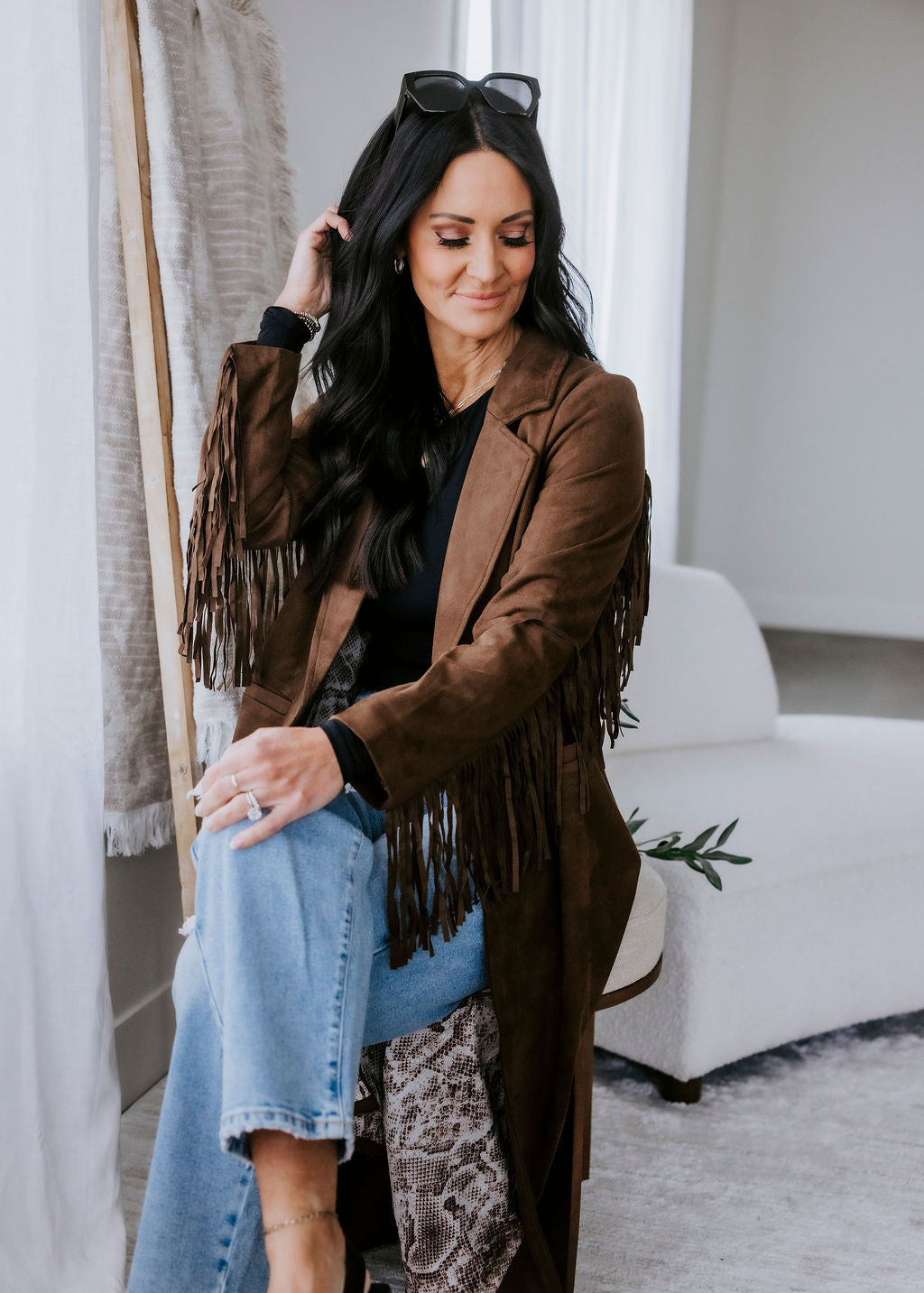 Corben Faux Suede Fringe Long Coat