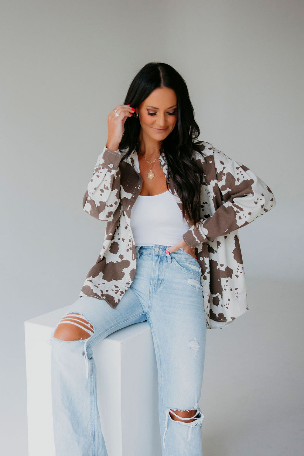 Cow Print Button Down Top