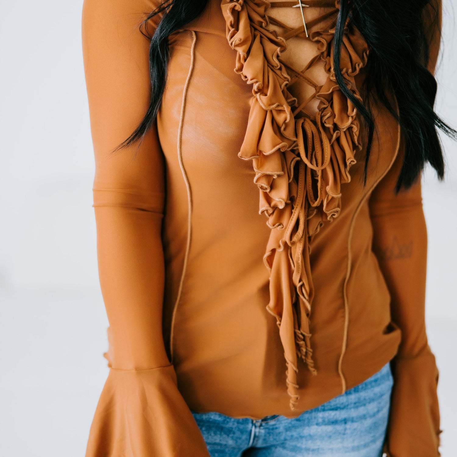 Loren Ruffle Lace Up Blouse