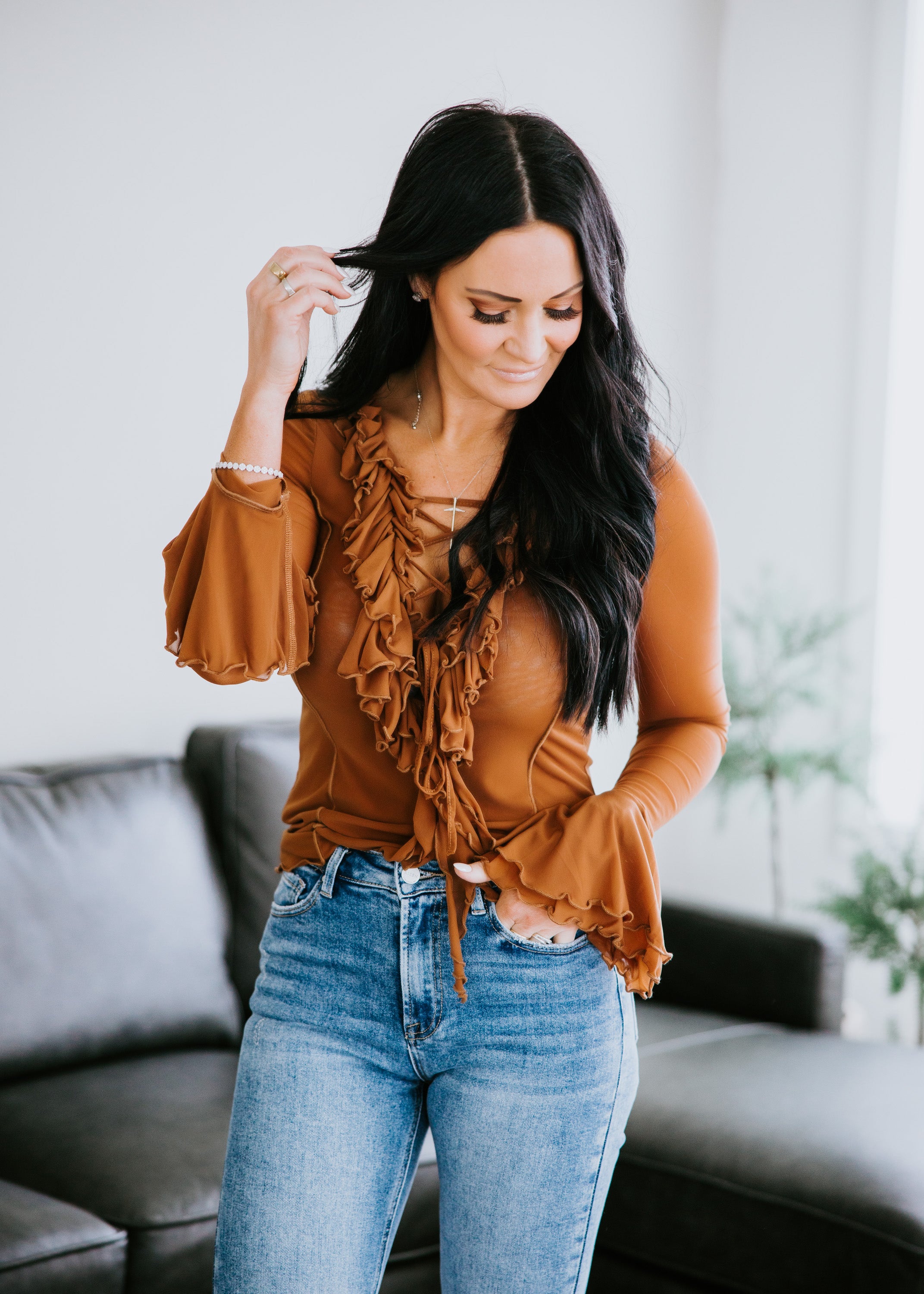 image of Loren Ruffle Lace Up Blouse