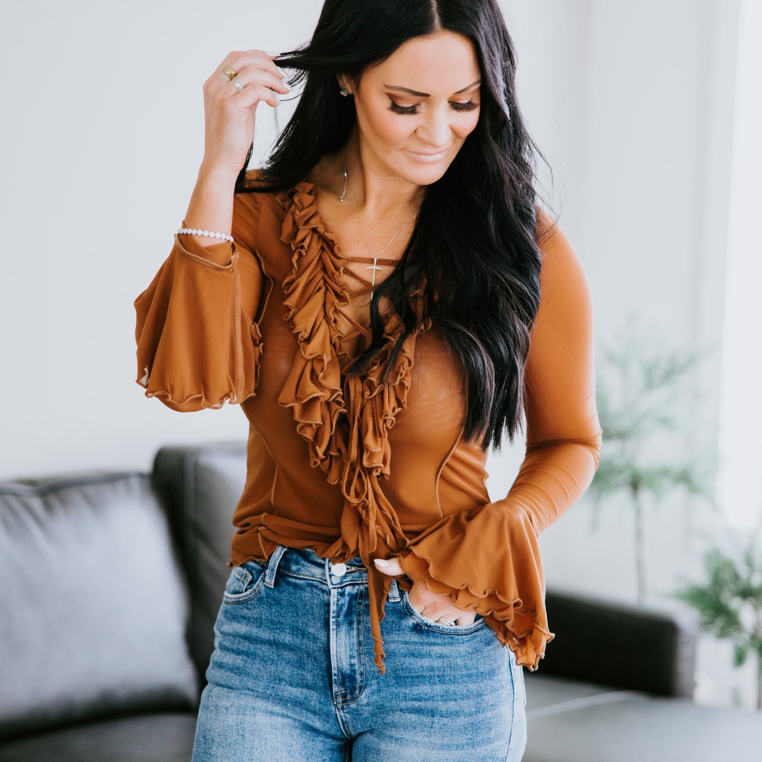 Loren Ruffle Lace Up Blouse