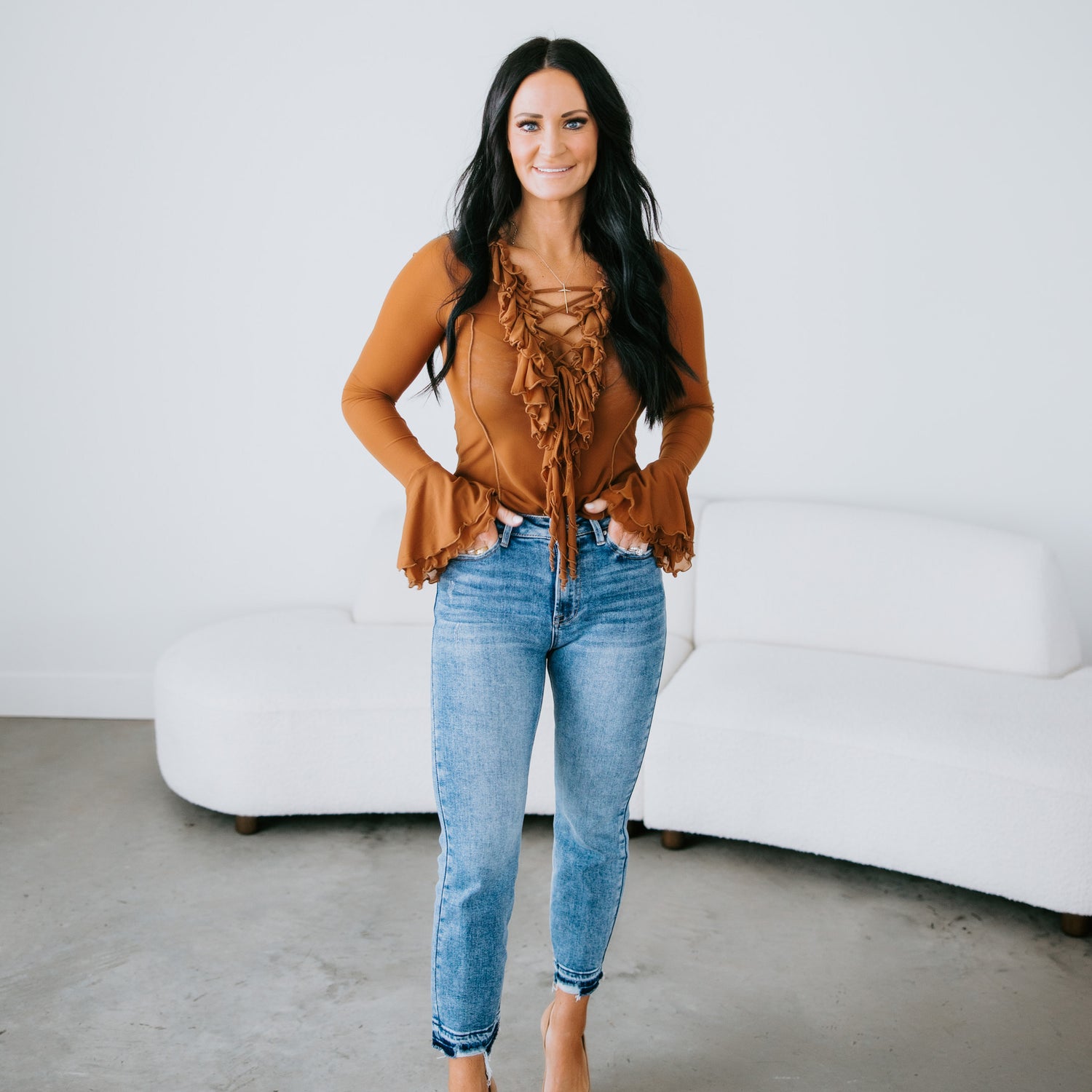 Loren Ruffle Lace Up Blouse