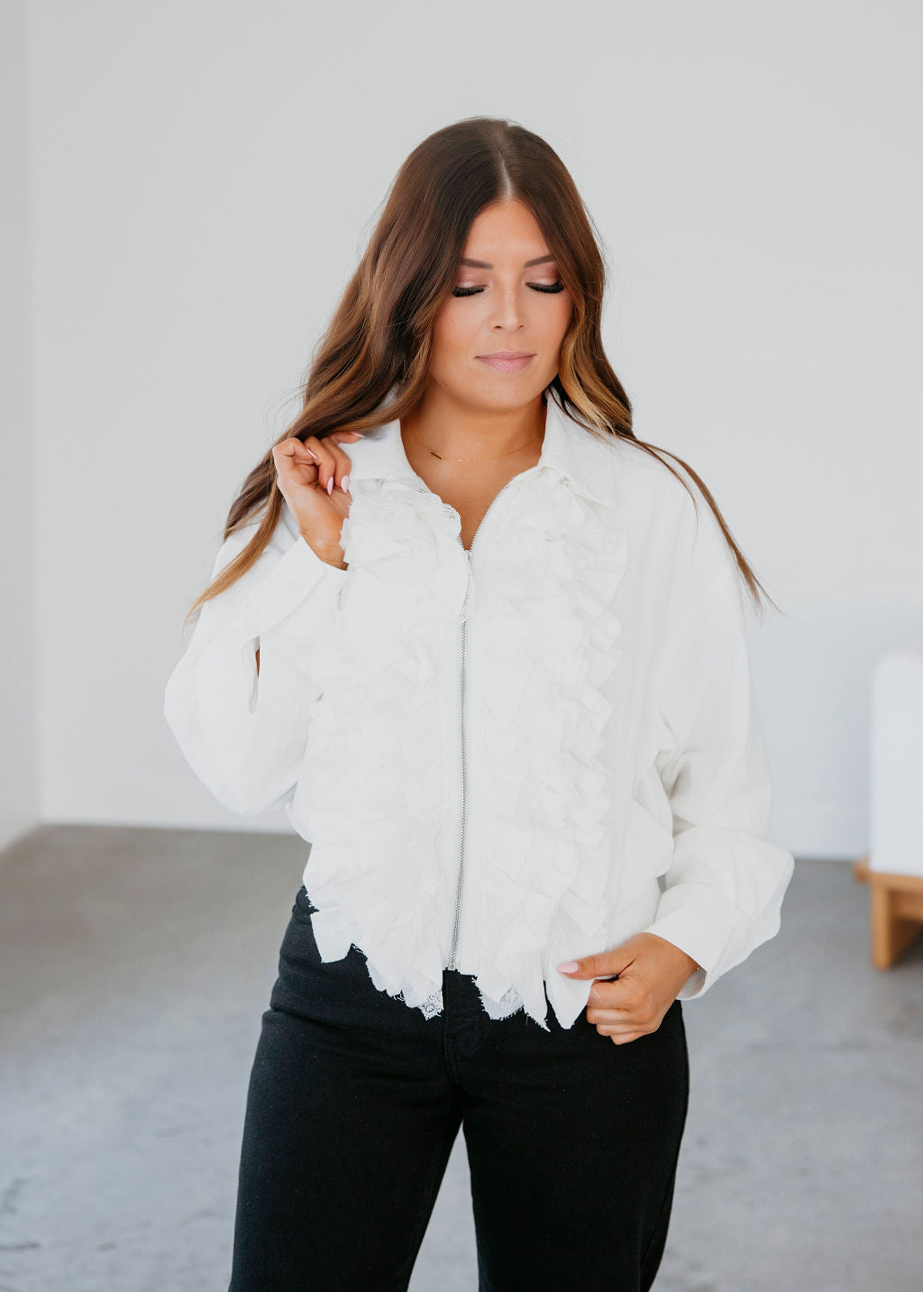 Jerica Ruffle Lace Bomber Jacket