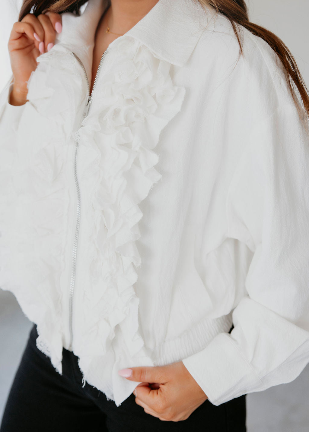 image of Jerica Ruffle Lace Bomber Jacket