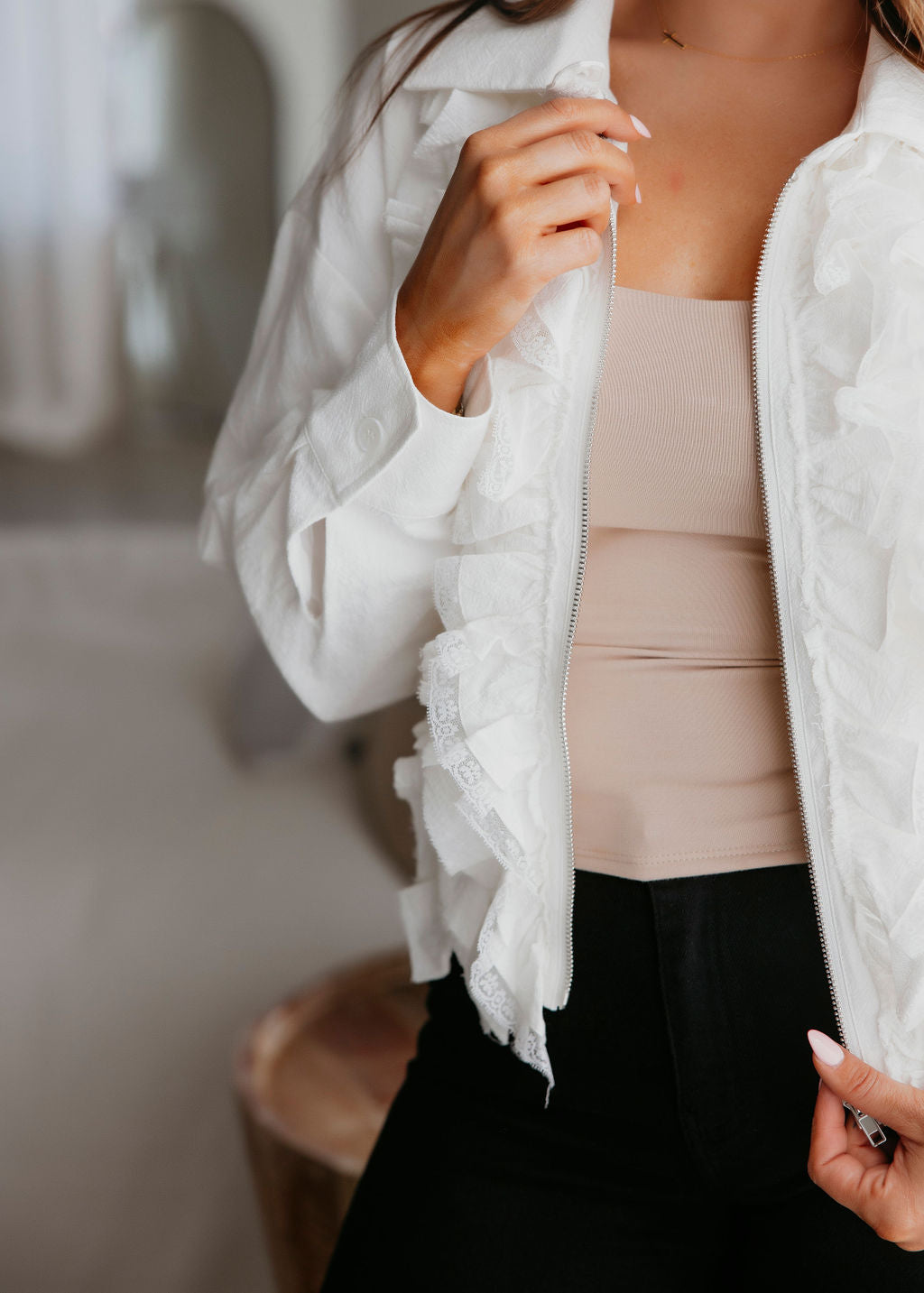 Jerica Ruffle Lace Bomber Jacket