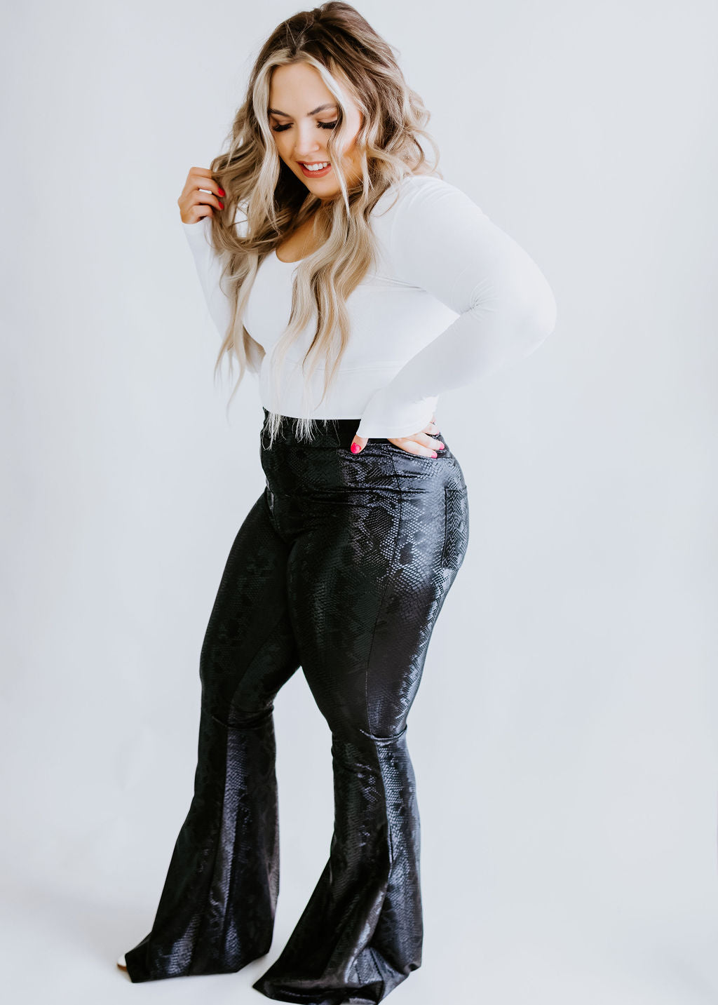 Kacie Faux Leather Bell Bottom Leggings